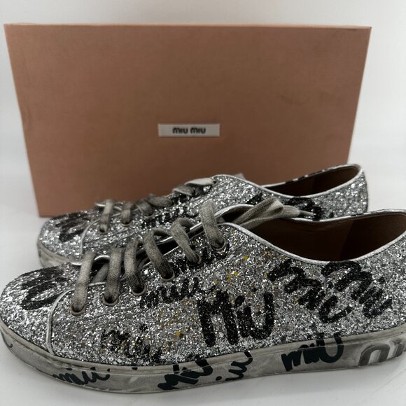 Miu Miu Glitter Logo "Destroyed" Sneakers - Picture 1 of 13